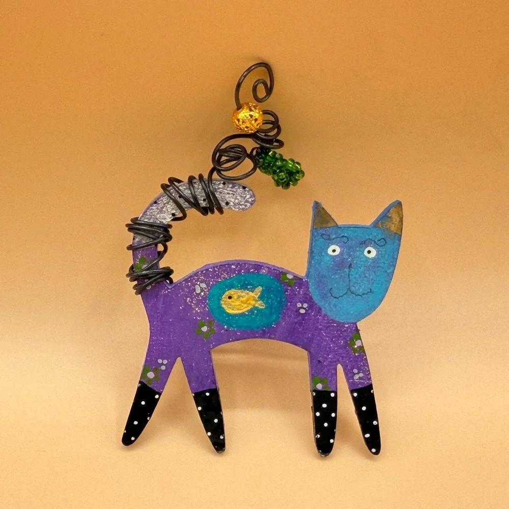 Whimsical Purple Blue Cat Brooch Pin Painted Wood Fish Wire Tail Folk Art Gift